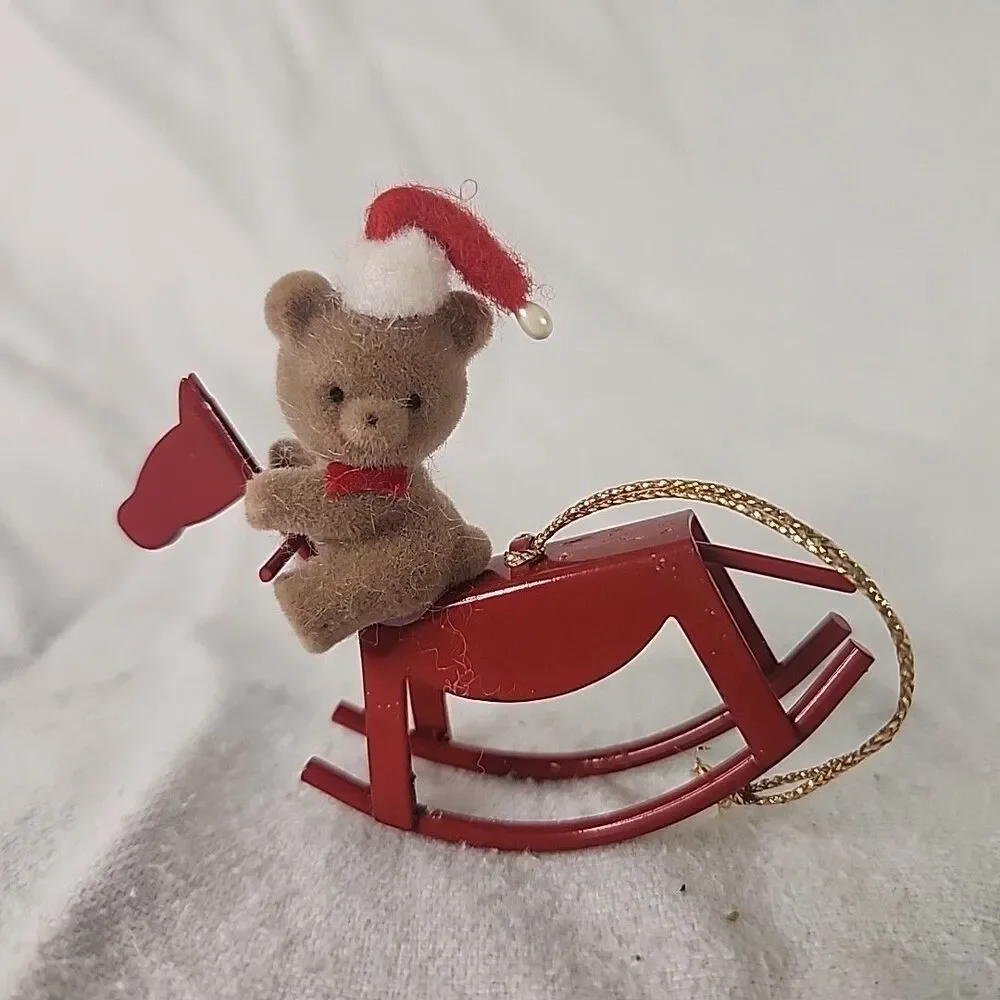 Red Metal Rocking Horse Christmas Ornament With Flocked Teddy Bear Russ Berrie
